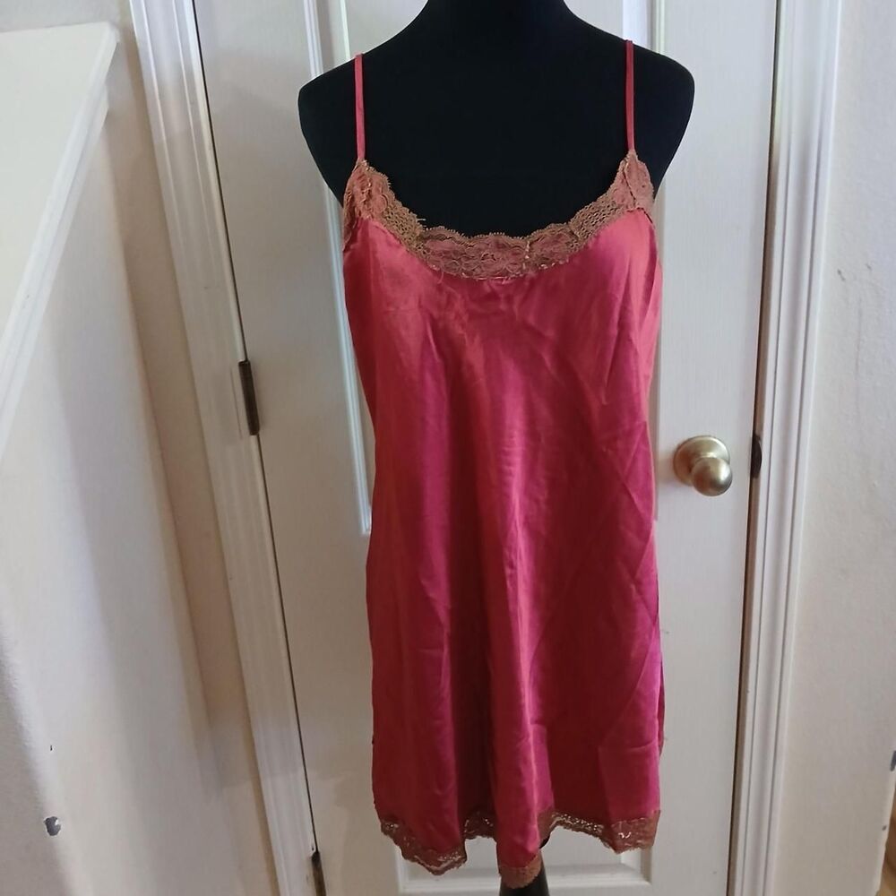 Y2K 90s Vintage Victoria’s Secret Burgundy Satin Brown Lace Slip Dress L Sexy